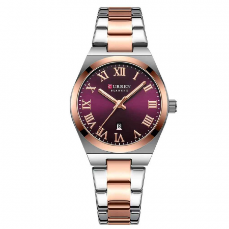 Ceasuri dama - Ceas Damă CURREN 9095L Elegant, Quartz, Cadran cu Cifre Romane, Calendar, Brățară Metalică, Rezistent la Apă 3 ATM