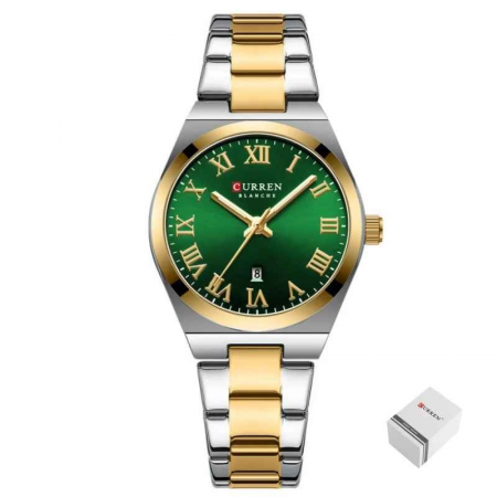 Ceas Damă CURREN 9095L Elegant, Quartz, Cadran Verde, Carcasă Aurie, Brățară Argintiu-Auriu, Calendar, Rezistent la Apă 3 ATM [2]