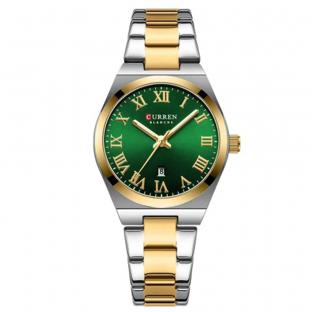Modele noi - Ceas Damă CURREN 9095L Elegant, Quartz, Cadran Verde, Carcasă Aurie, Brățară Argintiu-Auriu, Calendar, Rezistent la Apă 3 ATM