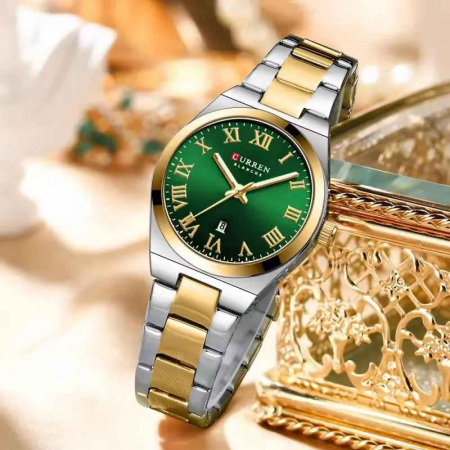 Ceas Damă CURREN 9095L Elegant, Quartz, Cadran Verde, Carcasă Aurie, Brățară Argintiu-Auriu, Calendar, Rezistent la Apă 3 ATM [3]
