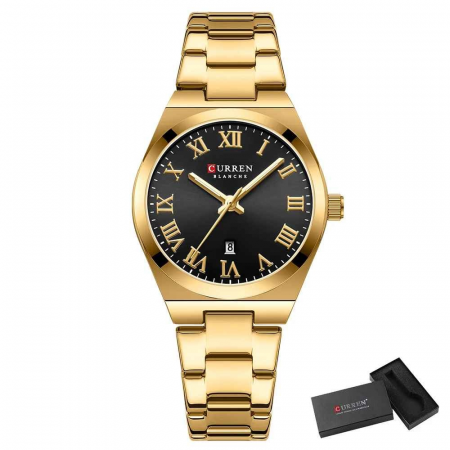 Ceas Damă CURREN 9095L Aur Complet, Cadran Negru, Quartz, Elegant cu Calendar, Brățară Metalică, Rezistent la Apă 3 ATM [3]