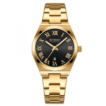 Modele noi - Ceas Damă CURREN 9095L Aur Complet, Cadran Negru, Quartz, Elegant cu Calendar, Brățară Metalică, Rezistent la Apă 3 ATM