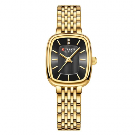 Ceasuri dama - Ceas Damă CURREN Aur-Negru – Ceas Elegant Rectangular cu Brățară Aurie și Cadran Negru, Mecanism Quartz