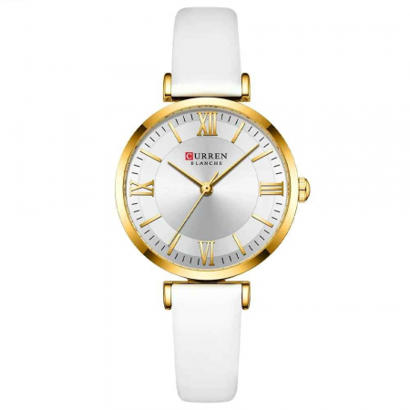 Modele noi - Ceas Damă CURREN 9079 Alb-Auriu – Ceas Elegant cu Brățară din Piele Albă, Cadran Alb și Carcasă Aurie