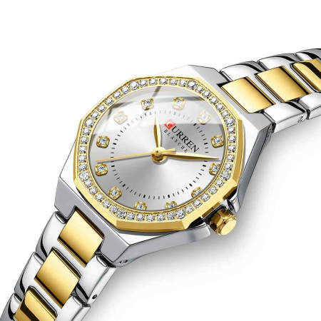Ceas Damă CURREN Quartz Elegant cu Cadran Alb, Carcasă Aurie și Brățară Auriu-Alb – Accesoriu Chic și Versatil [1]