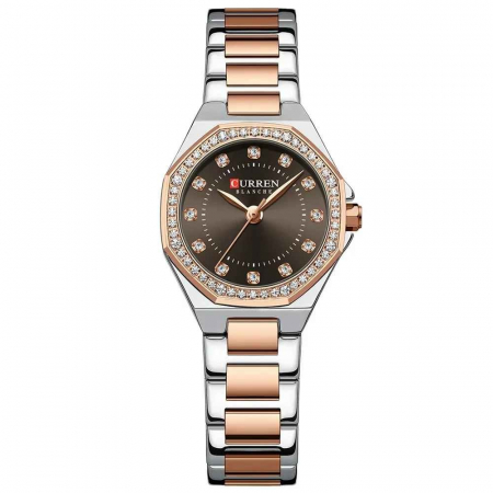 Ceasuri dama - Ceas Damă CURREN Quartz Elegant cu Brățară din Oțel Inoxidabil, Design Simplu cu Diamante, Culoare Maro-Argintiu