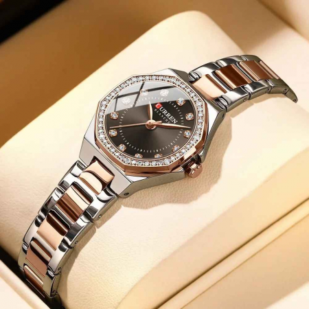 Ceas Damă CURREN Quartz Elegant cu Brățară din Oțel Inoxidabil, Design Simplu cu Diamante, Culoare Maro-Argintiu [3]
