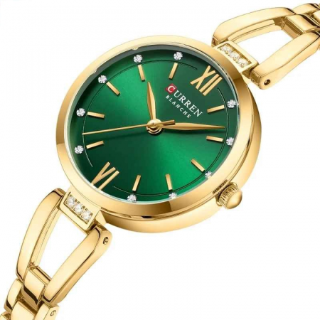 Ceas Damă CURREN, Quartz, Carcasă Aurie, Cadran Verde, Brățară Metalică Elegantă, 30mm [1]