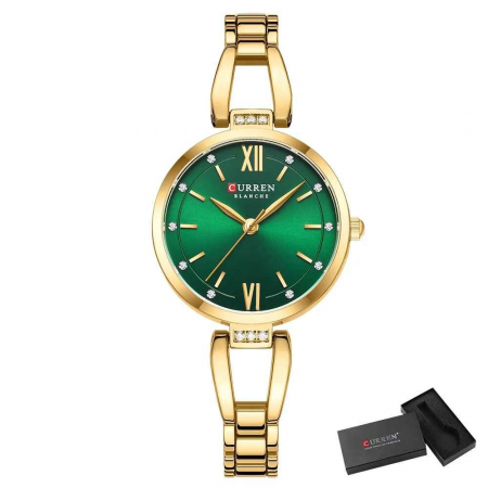 Ceas Damă CURREN, Quartz, Carcasă Aurie, Cadran Verde, Brățară Metalică Elegantă, 30mm [5]