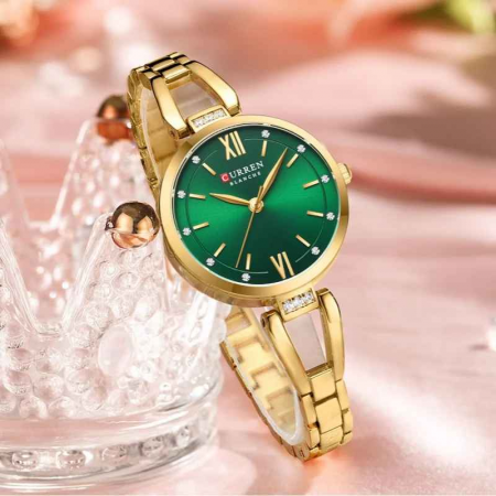 Ceas Damă CURREN, Quartz, Carcasă Aurie, Cadran Verde, Brățară Metalică Elegantă, 30mm [4]