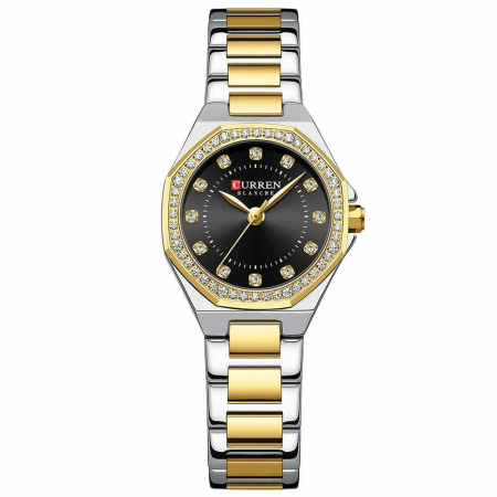 Modele noi - Ceas Damă CURREN 9100 Elegant cu Cadran Negru, Carcasă Aurie și Brățară Argintiu-Auriu – Stil Modern și Rafinament Clasic