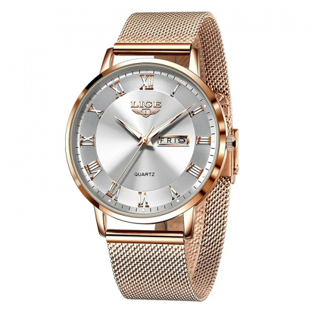 Ceasuri dama - Ceas dama de mana Lige Elegant Analog Casual Fashion Top Brand Quartz Auriu Alb