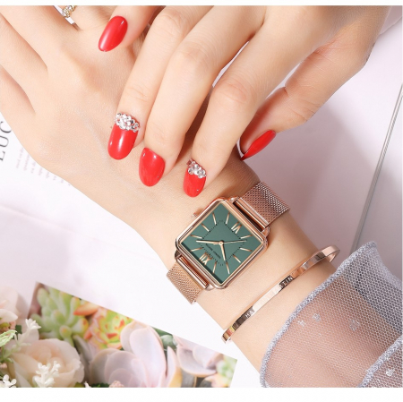 Ceas dama Hannah Martin Cadran patrat Quartz Analog Elegant Auriu verde smarald [7]