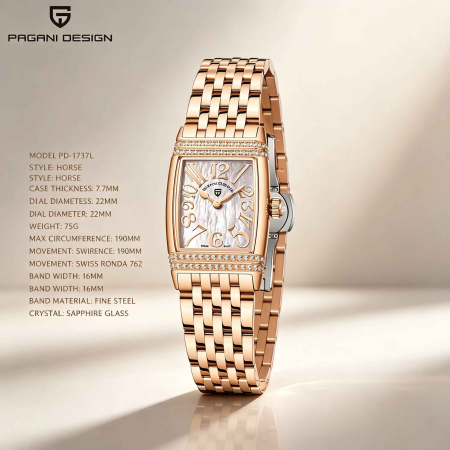 Ceas Damă PAGANI DESIGN PD-1737 Gold, Swiss Ronda 762, Safir, 50M, 22mm [1]