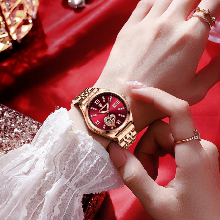 Ceas dama Poedagar Quartz Analog Fashion Indici Luminosi Bratara Auriu Visiniu [3]