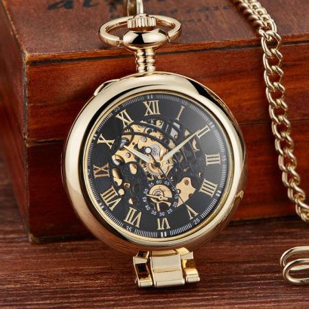 Ceas de buzunar, Gorben, Clasic, Vintage, Mecanic, Skeleton, Lant, Cifre romane, Casual [1]