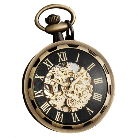Ceasuri de buzunar - Ceas de buzunar, Gorben, Clasic, Vintage, Mecanic, Skeleton, Lant, Cifre romane, Auriu Negru
