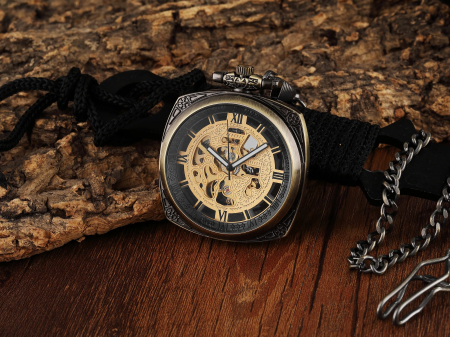Ceas de buzunar Gorben P009 Bronz-Auriu - Steampunk Mecanic, Afișaj cu Cifre Romane, Cu Lant Vintage Retro [4]