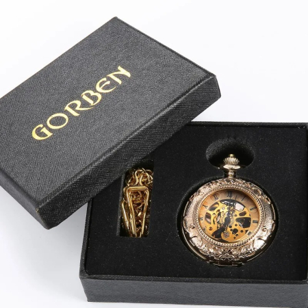 Ceas de buzunar Gorben PM006 Auriu - Luxury, Skeleton Mecanic, Steampunk, Afișaj cu Cifre Romane, Cu Lant Vintage Retro [6]