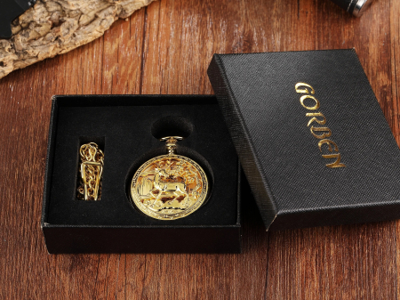 Ceas de buzunar Gorben PM076 Auriu - Steampunk, Mecanic, Afișaj cu Cifre Romane, Cu Lant Vintage Retro [7]