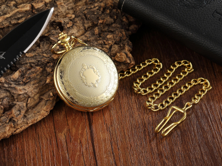 Ceas de buzunar Gorben PM076 Auriu - Steampunk, Mecanic, Afișaj cu Cifre Romane, Cu Lant Vintage Retro [5]