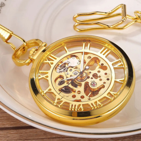 Ceas de buzunar Gorben PM678 Auriu - Skeleton, Steampunk, Mecanic, Afișaj cu Cifre Romane, Cu Lant Vintage Retro [2]