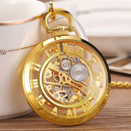Ceas de buzunar Gorben PM678 Auriu - Skeleton, Steampunk, Mecanic, Afișaj cu Cifre Romane, Cu Lant Vintage Retro [1]