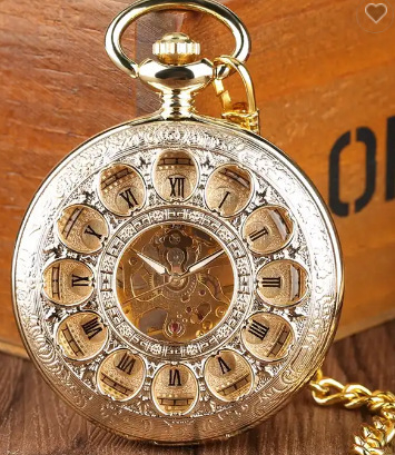 Ceas de buzunar, Gorben, Clasic, Vintage, Skeleton, Mecanic, Lant, Auriu [1]