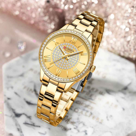 Ceas de damă Curren, quartz, rezistent la apă, brățară metalică, geam safir, design elegant, auriu [1]