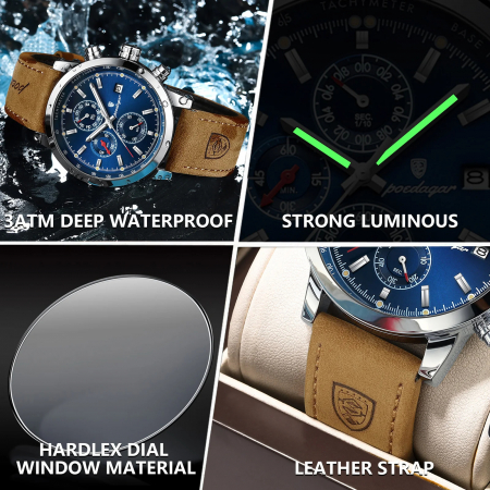 Ceas barbatesc Poedagar Cronograf Analog Quartz Data Piele Maro Albastru [4]