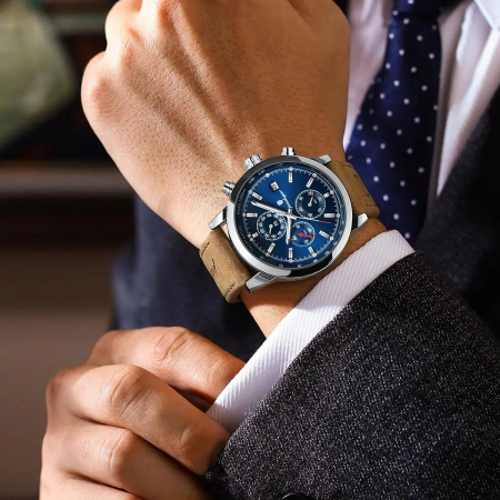Ceas barbatesc Poedagar Cronograf Analog Quartz Data Piele Maro Albastru [1]