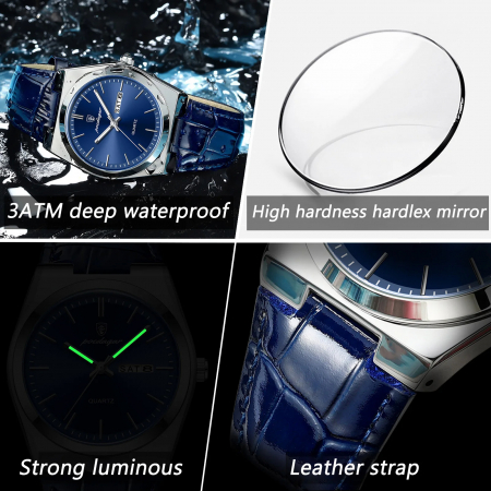 Ceas barbatesc Poedagar Luxury Fashion Afisare data Zilele saptamanii Quartz Piele Negru Albastru [4]
