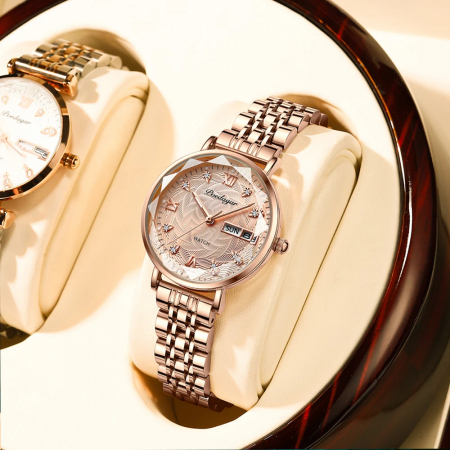 Ceas de dama Poedagar Luxury Fashion Afisare data Zilele saptamanii Casual Quartz Otel Auriu [2]