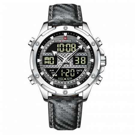 Ceas de mana barbatesc Naviforce Piele Digital Analog Quartz Cronometru Alarma Negru [0]
