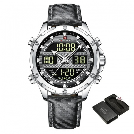 Ceas de mana barbatesc Naviforce Piele Digital Analog Quartz Cronometru Alarma Negru [5]