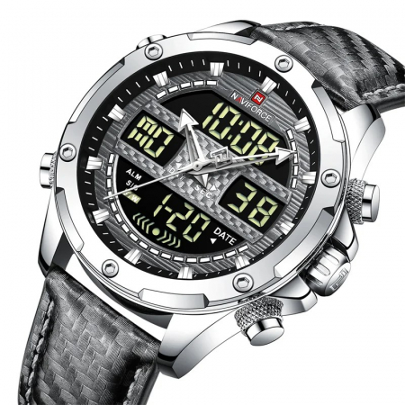 Ceas de mana barbatesc Naviforce Piele Digital Analog Quartz Cronometru Alarma Negru [2]