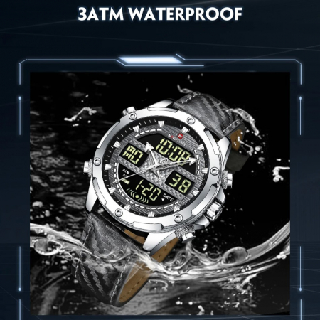 Ceas de mana barbatesc Naviforce Piele Digital Analog Quartz Cronometru Alarma Negru [1]