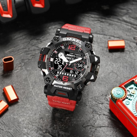 Ceas de mana barbatesc Smael Dual Time Cronograf Cronometru Sport Stil Army Militar Alarma Rosu [1]