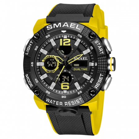 Ceas de mana barbatesc Smael Dual Time Sport Alarma Quartz Cronometru Lumina de fundal Negru Galben [0]
