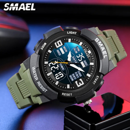 Ceas de mana barbatesc Smael Dual Time Cronograf Cronometru Sport Stil Army Militar Alarma Verde [1]