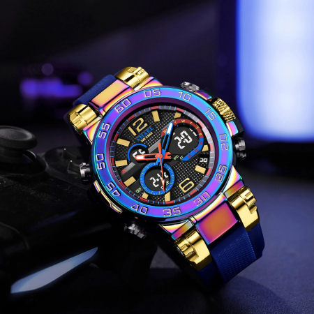 Ceas de mana barbatesc Smael Cronograf Stil Army Militar Dual Time Sport Cronometru Alarma Albastru [2]