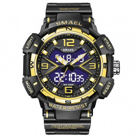 Ceasuri barbatesti - Ceas de mana barbatesc Smael Dual Time Stil Army Led Militar Cronometru Alarma Sport Negru Auriu