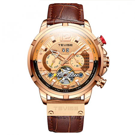 Ceas de mana barbatesc Tevise Self Wind Fashion Luxury Mecanic automatic Piele Auriu [0]