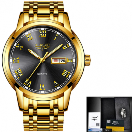 Ceas de mana barbati Lige Elegant Analog Quartz Luxury Auriu/Negru [2]