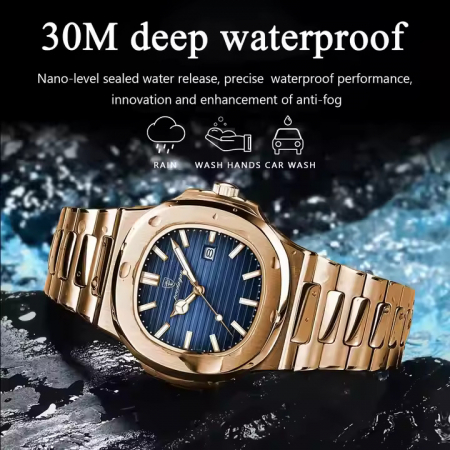 Ceas de mana Poedagar Fashion Quartz Casual Otel Auriu Albastru [1]
