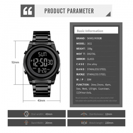 Ceas Digital Bărbați SKMEI 1611 Negru – Afișaj LED, Funcții Multiple, Design Sportiv, Cronometru, Alarmă, Rezistent la Apă 3ATM 7 [2]