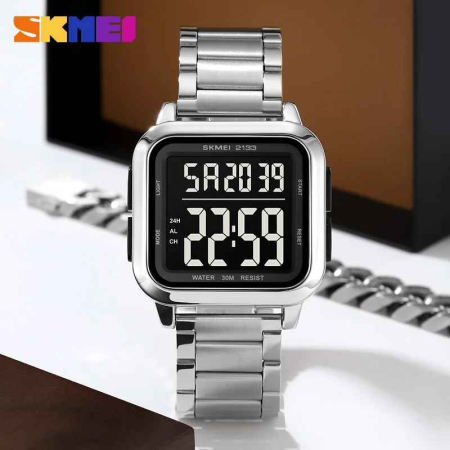Ceas Digital SKMEI 2133 Argintiu – Brățară Inox, Waterproof 30M, Alarmă, Cronometru și LED [1]