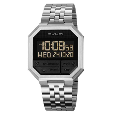 Ceasuri barbatesti - Ceas digital SKMEI 2350, stil retro, multifuncțional, brățară metalică, iluminare LED