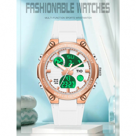 Ceas femei TIO Sport Quartz Digital Alarma Lumina fundal Afisare data Alb [4]