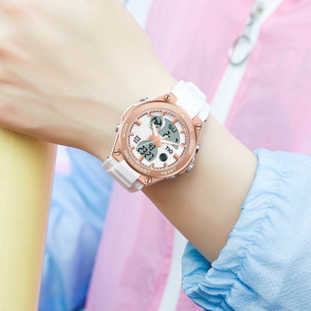 Ceas femei TIO Sport Quartz Digital Alarma Lumina fundal Afisare data Alb [5]